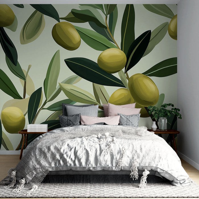 Fototapeta oljka | Vzorec oljčnih vej z zelenimi olivami