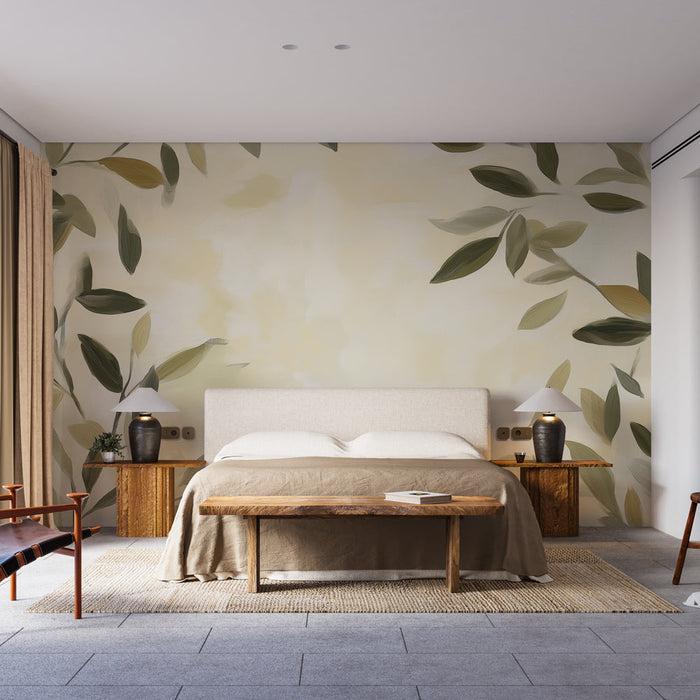 Fototapet oliventræ | Mønster af stiliserede blade på cremefarvet baggrund