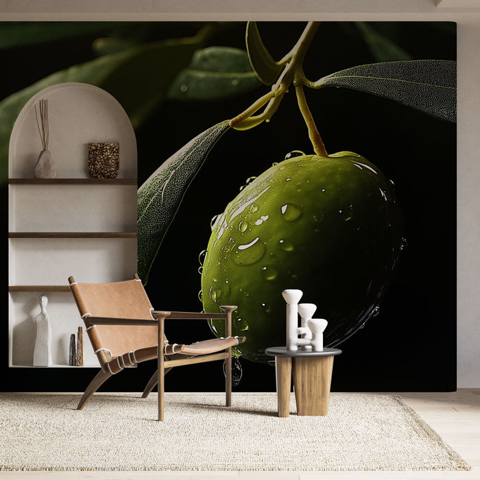 Fototapeta olive-tree | Zelena oliva z rosnimi kapljicami