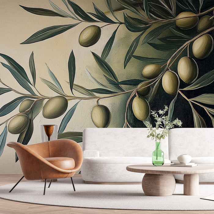 Papel de parede olive-tree | Ramo de oliveira com folhas delicadas e frutos