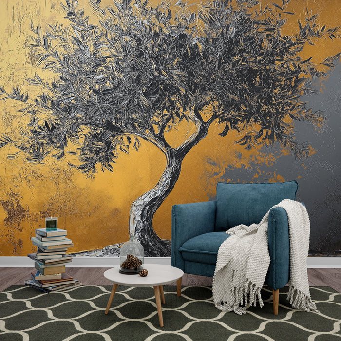 Tapeta olivovnik | Silueta olivovníku na zlatém a černém pozadí