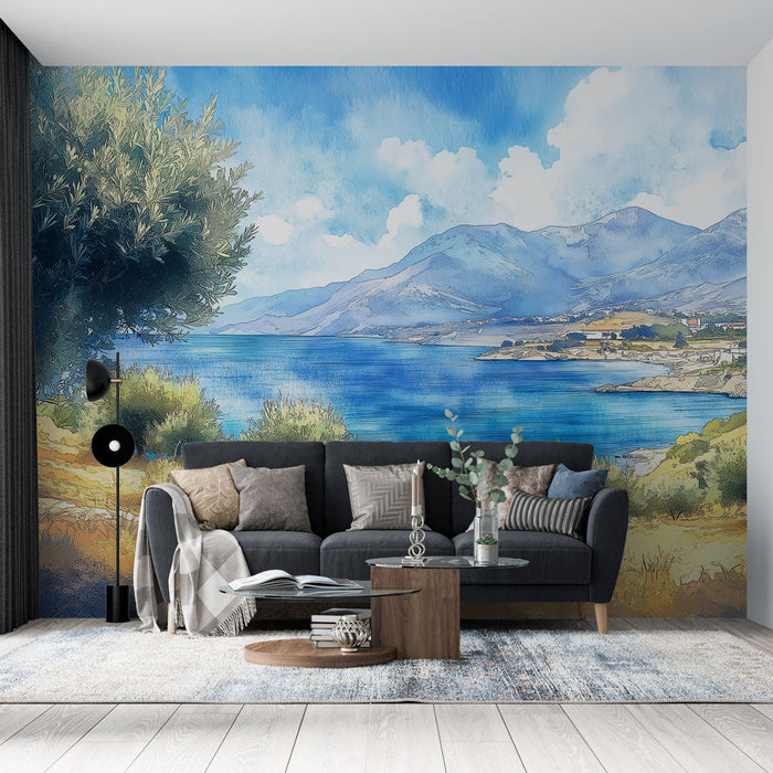 Тапет olive-tree | Панорамен изглед към морето и слънчевите хълмове