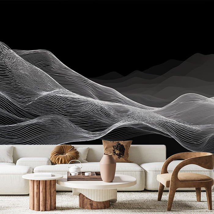 Tapet cu model abstract de valuri | Modele fluide în linii albe pe un fundal negru