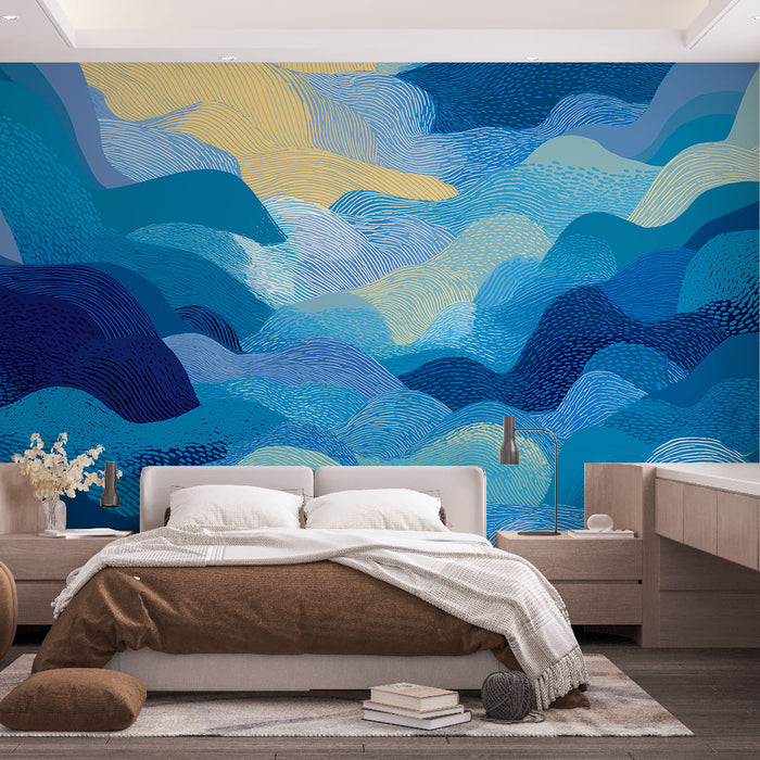 Papel de parede ondas azuis | Padrão abstrato de ondas em tons de azul e toques dourados
