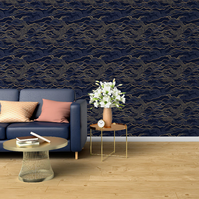 Fototapet marine bølger | Gullbølge mønster på en midnattsblå bakgrunn