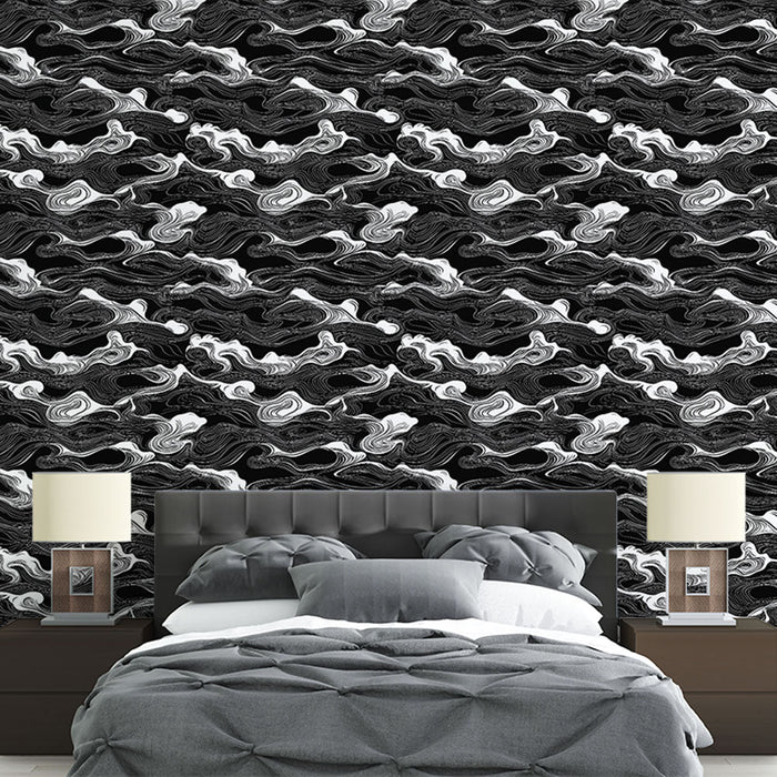 Tapet cu valuri negre și albe | Model abstract de valuri stilizate pe un fundal întunecat