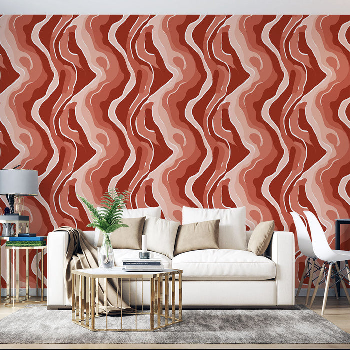 Papel pintado ondulado | Diseño abstracto de olas en rojo y beige