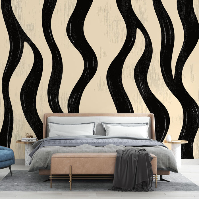 Tapeta s vlnitým vzorem | Černý a béžový abstraktní vzor s tekoucími liniemi