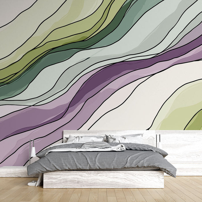 Wavy Mural Wallpaper | Fluid patterns in greens and purples
