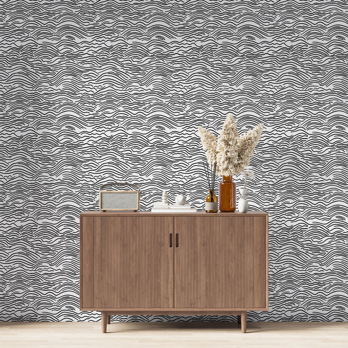 Foto Behang met golven in zwart en wit | Abstract patroon van golven in lijnen