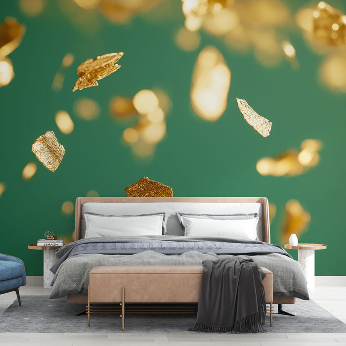 Ταπετσαρία τοίχου ή | Φωτεινές χρυσές εκρήξεις σε πράσινο φόντο