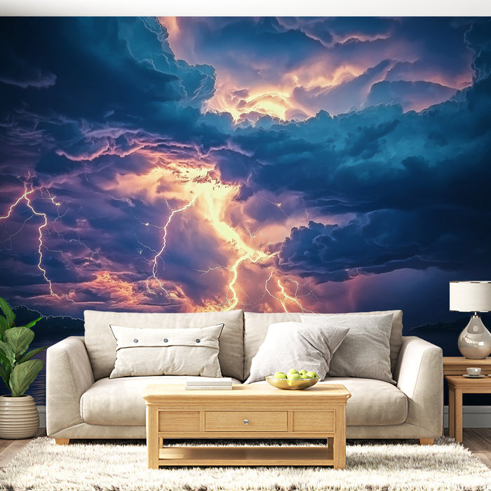 Tapeta burza | Dramatyczne niebo z błyskawicami i refleksami