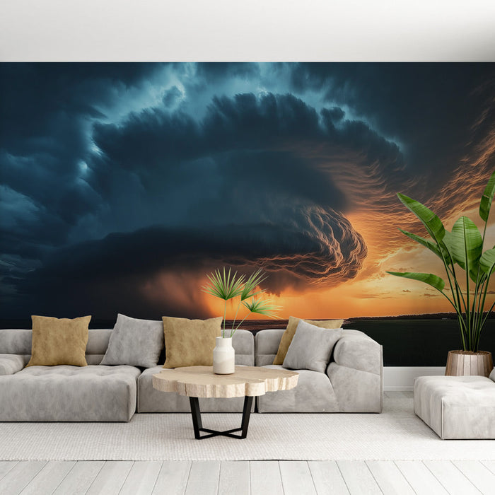 Tapeta burza | Ciemne chmury i świetliste refleksy o zachodzie słońca