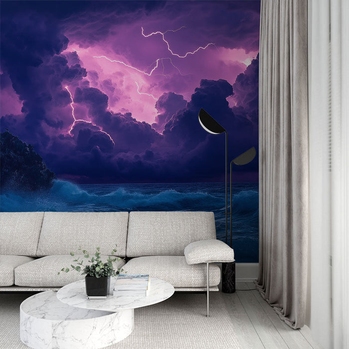Tapete stürmisch | Heller Blitz in violetten Wolken