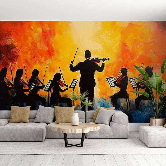 Mural Wallpaper orchestra | Silhouettes of an orchestra under a blazing light