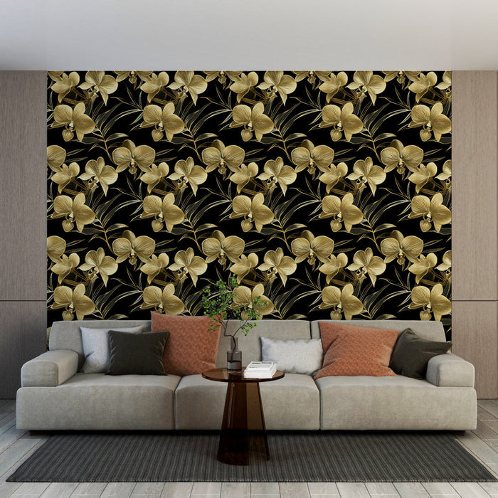 Mural Wallpaper golden orchids | Elegant orchid flowers on a black background