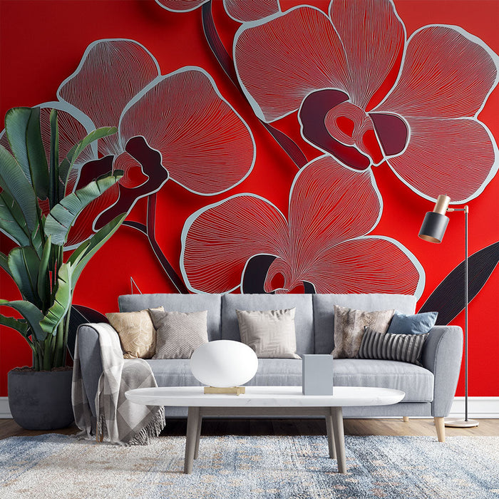 Tapeta orhideje | Stilizirane orhideje na živopisnoj crvenoj pozadini