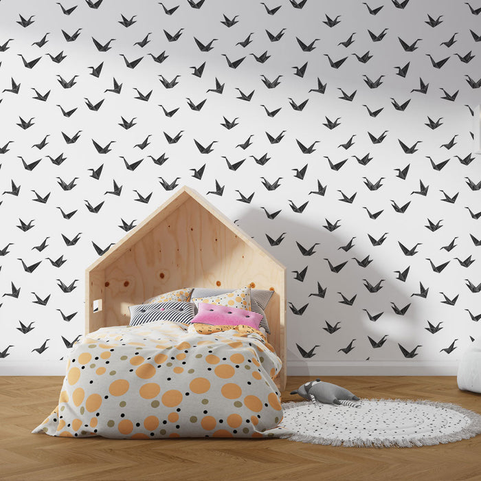 Origami mural wallpaper | Black and white crane pattern on white background