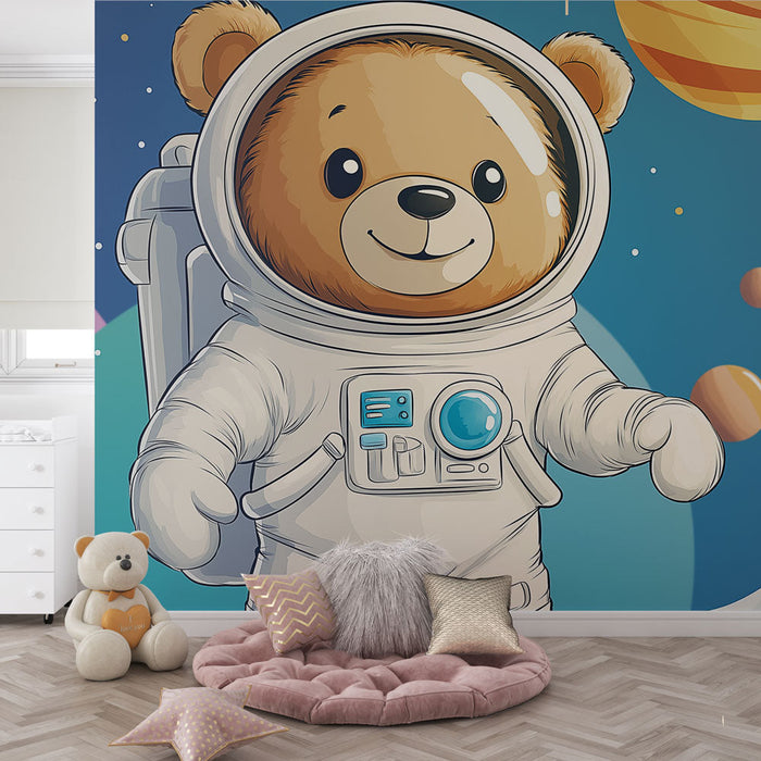 Papel de parede astronauta urso | Um querido urso de pelúcia em um traje espacial no espaço