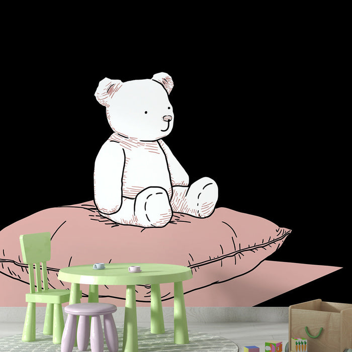 Tapeta z misiem pluszowym | Uroczy miś pluszowy na miękkim poduszce