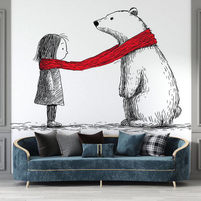 Mural Wallpaper bear and child | Child and bear sharing a red scarf