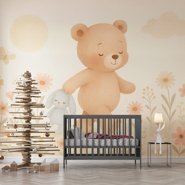 Tapete medved i zaek | Usmihnat medved, koito drzhi sin zaek v pole s pastelni tsvetia