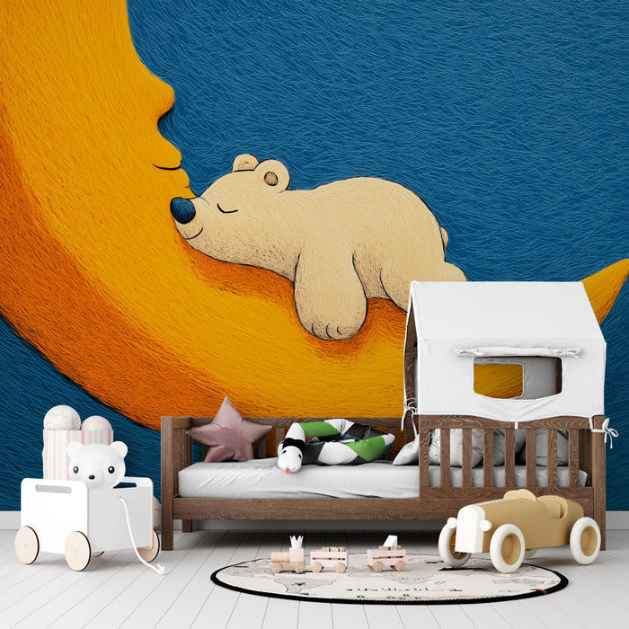 Mural Wallpaper bear and moon | A polar bear asleep on the golden moon