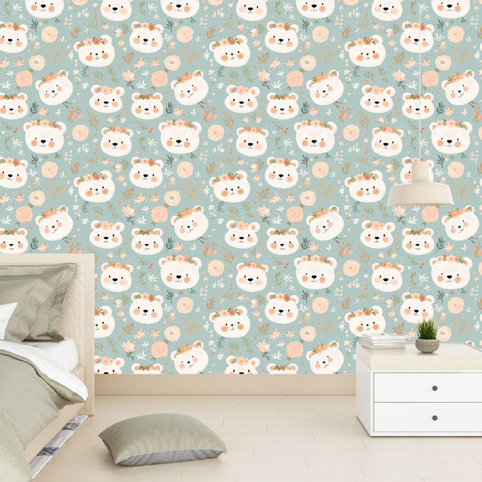 Foto Behang schattige beer | Lachende beerhoofden omringd door delicate bloemen