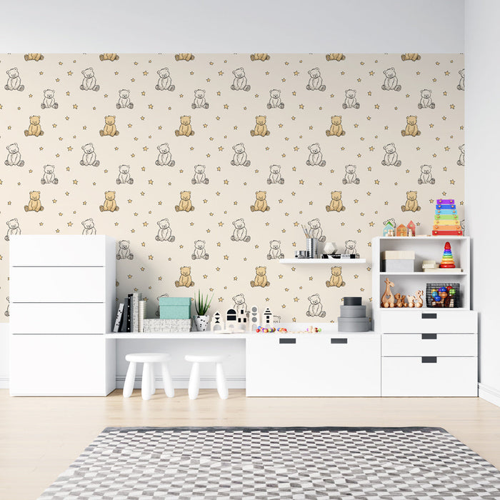 Fototapet vores | Søde bjørne i forskellige farver spredt med gyldne stjerner