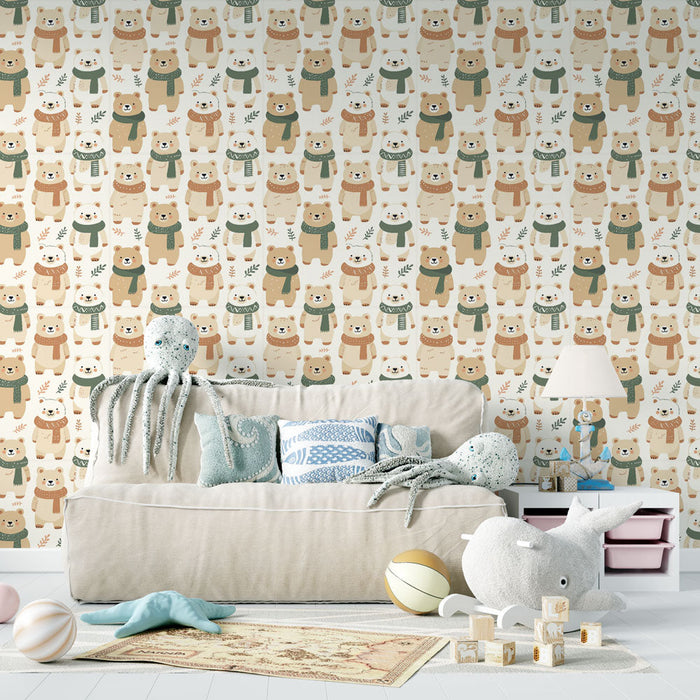 Foto Behang schattige beren | Beren in sjaals en delicate bladeren