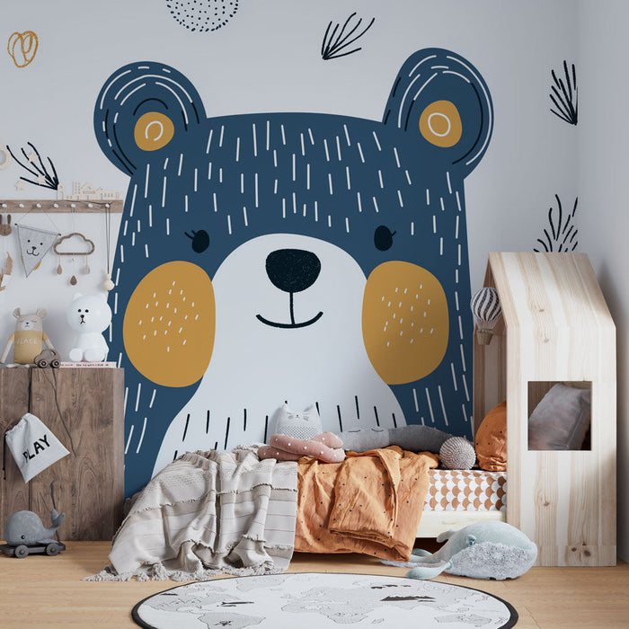 Mural Wallpaper bear | Blue and gold teddy bear