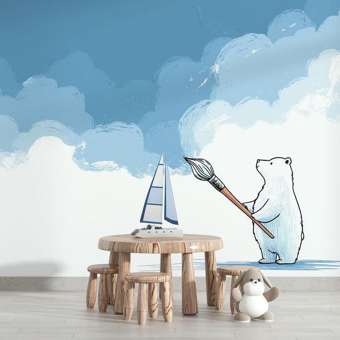 Mural Wallpaper bear painter | A creative white bear painting blue clouds
