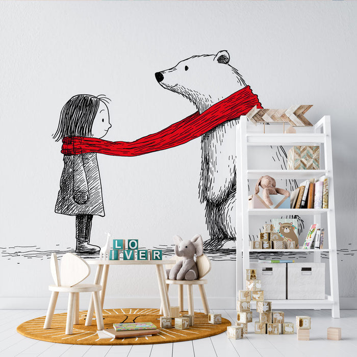 Tapetti jääkarhu ja lapsi | Hellä kohtaus karhun ja punaista huivia käyttävän tytön kanssa