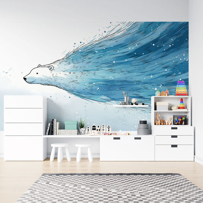 Tapete Eisbär | Illustration eines Eisbären umgeben von dynamischem blauem Wasser
