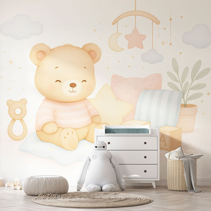Carta da parati orsi teddy | Orsi felici in una stanza per bambini dolce e sognante