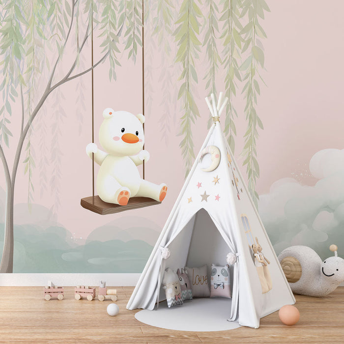 Fototapet ayı oynuyor | Bir salıncakta ağlayan bir söğüt altında tatlı bir ayı