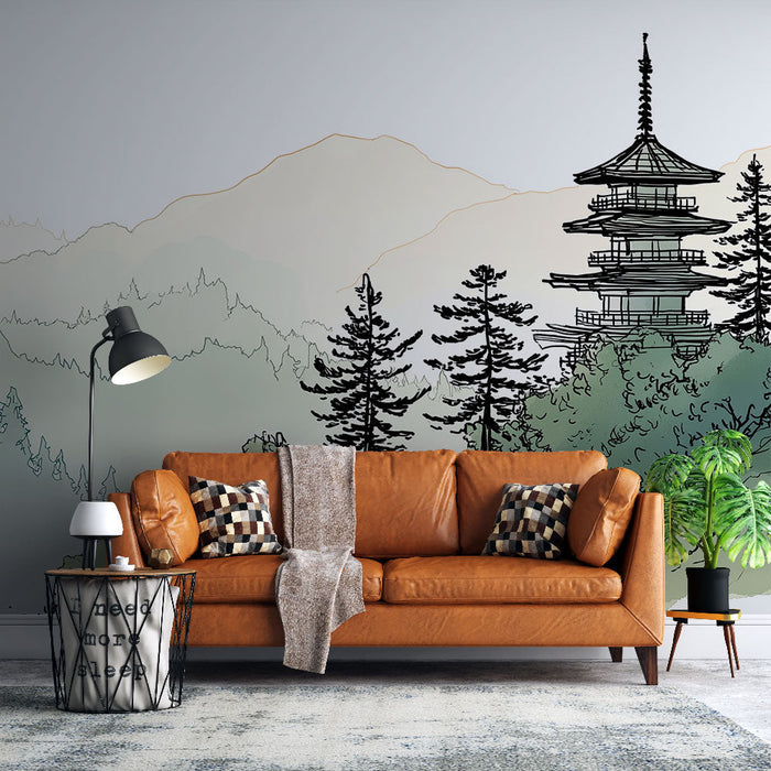 Tapeta pagoda a hora | Krajina s pagodou uprostřed stromů a hor