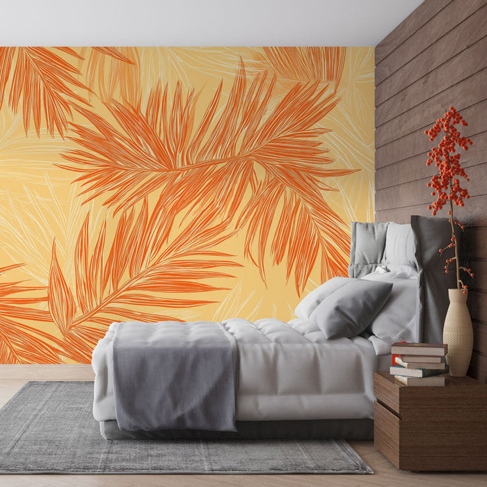 Mural Wallpaper palme | Oranžni listi na rumeni podlagi