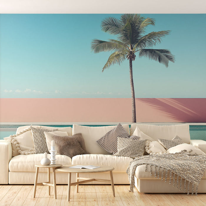 Tapeta s palmovým stromem u bazénu | Uklidňující scéna s jemnými odstíny modré a růžové
