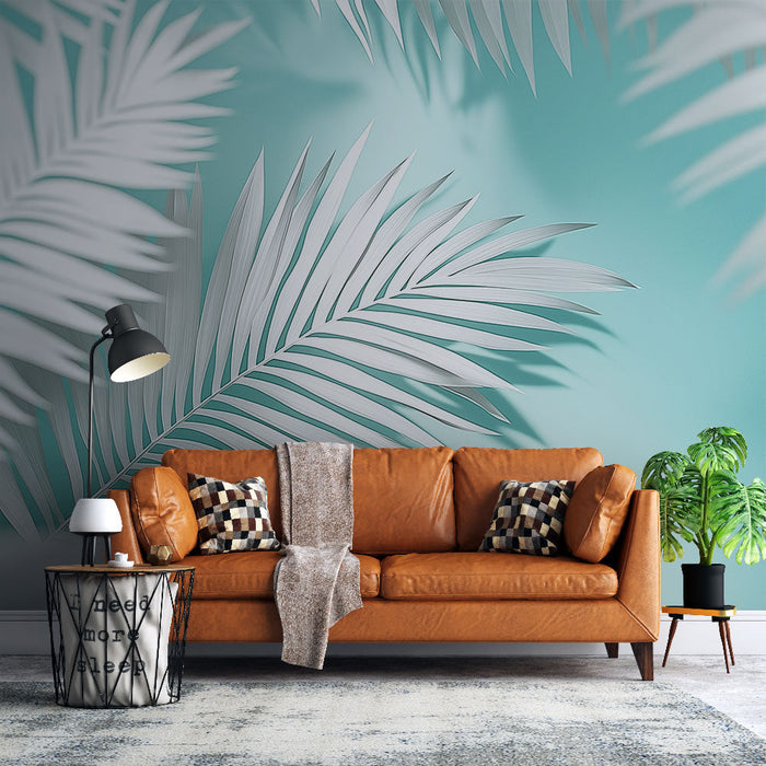 Tapeta z białą palmą | Białe liście palm na turkusowym tle