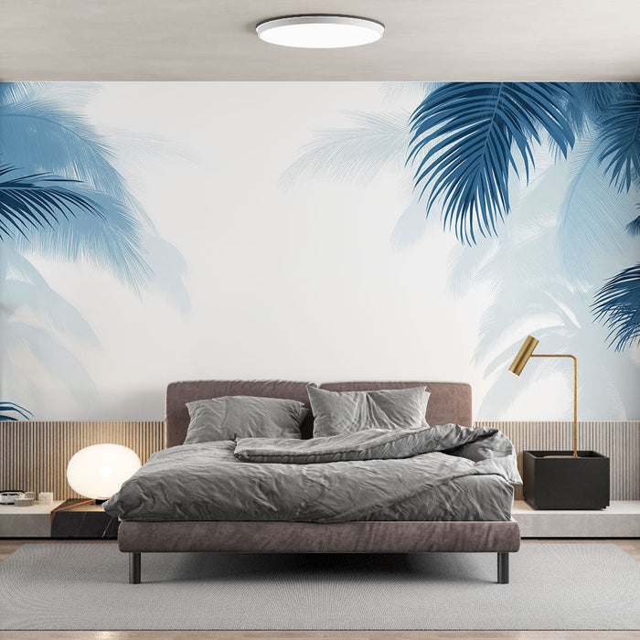 Fototapet blå teal palme | Palmblade i nuancer af blå på en hvid baggrund