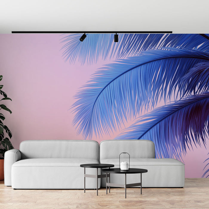 Mural Wallpaper blue palm tree | Stylized palm leaves on pastel background