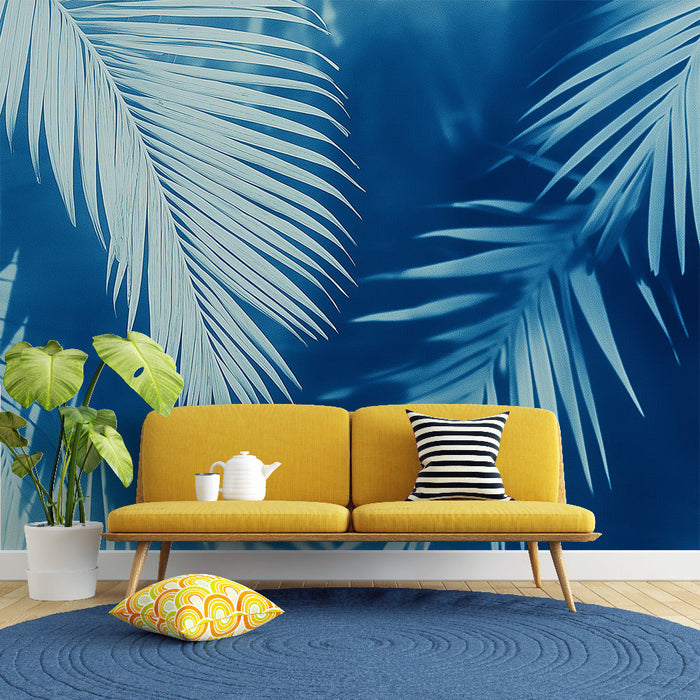 Papel pintado blue palm tree | Delicate leaves on azure background