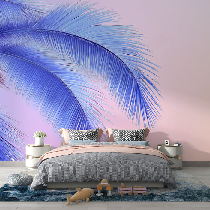 Mural Wallpaper blue palm tree | Tropical leaves and pastel background