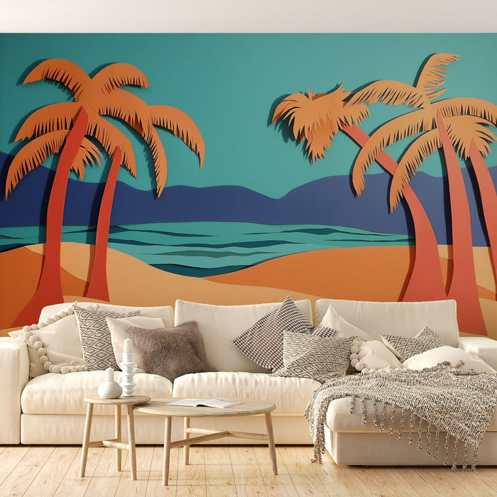 Fototapet palme | Solrik kyst med stiliserte palmer og beroligende hav