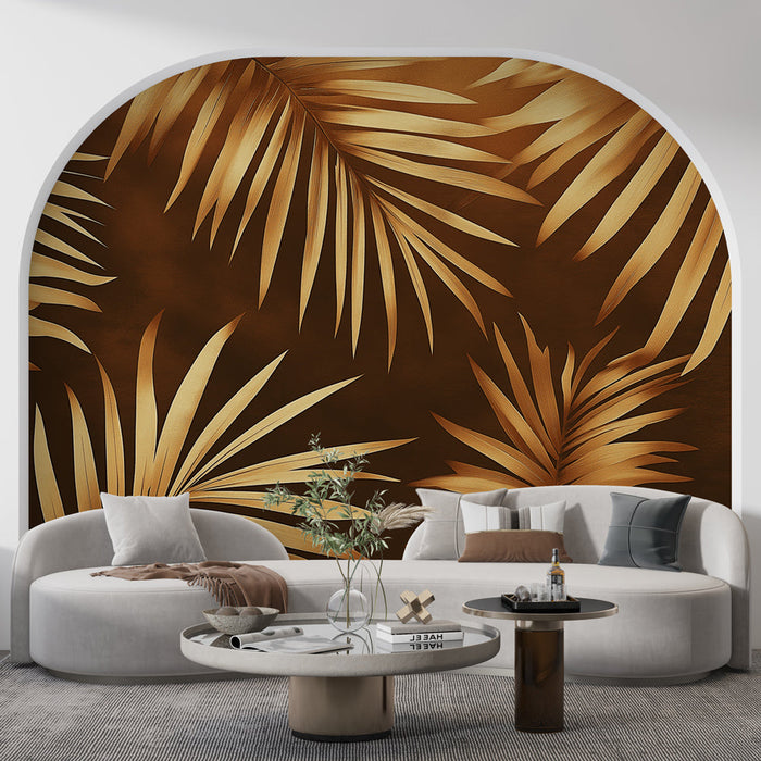 Tapete goldene Palme | Goldene Palmblätter auf braunem Hintergrund