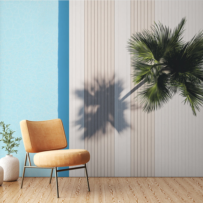 Tapeta palma i bazen | Ptičja perspektiva plavog bazena i palme na drvenoj pozadini