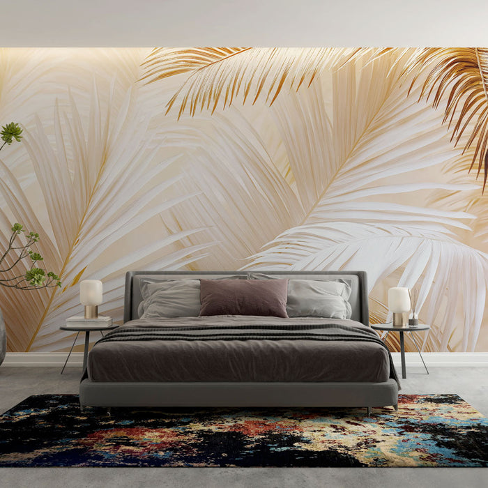 Papel de parede palmeira | Folhas brancas e douradas em um fundo suave