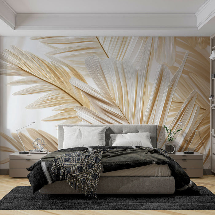 Tapeta palma | Elegantní zlaté listy na světlém pozadí