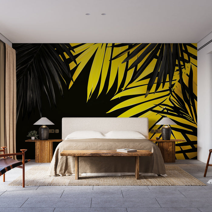 Falfestmény tapéta pálmafa | Fekete és sárga levelek fekete háttéren